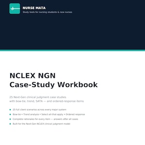 Puede incluir: Un libro de ejercicios de casos clínicos NCLEX NGN en blanco y azul oscuro para estudiantes de enfermería. La portada incluye el texto Nurse Mata, 25 estudios de caso de juicio clínico Next-Gen y enumera elementos como bow-tie, trend, SATA y ordered-response.