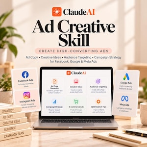 Könnte beinhalten: Ein Laptop-Bildschirm zeigt die ClaudeAI-Oberfläche für Ad Creative Skill mit Abschnitten für Ad Copy Generator, Creative Ideas, Audience Targeting, Campaign Strategy, E-commerce Ads und Optimization Tips für Facebook, Google und Meta Ads.