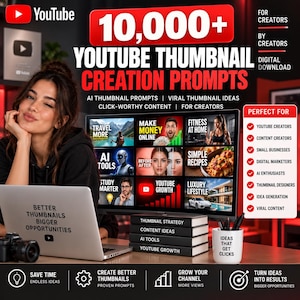 May include: A digital download product featuring 10,000+ YouTube thumbnail creation prompts. The graphic displays a computer monitor showing various thumbnail examples, a laptop with the text Better Thumbnails Bigger Opportunities, and a mug.
