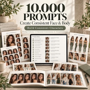 Pode incluir: Uma tela digital e materiais impressos exibindo uma coleção de 10.000 prompts para design de personagens. O texto diz 10,000 PROMPTS, Create Consistent Face & Body e Build Consistent Characters, com grades de rostos e corpos.