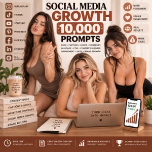 May include: A digital marketing graphic titled SOCIAL MEDIA GROWTH 10,000 PROMPTS featuring text lists of content strategies, platform icons, and benefit icons. The image includes a stack of books labeled with content topics, a laptop, and a smartphone.
