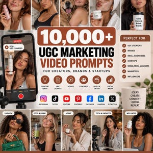 May include: A digital marketing resource graphic titled 10,000+ UGC MARKETING VIDEO PROMPTS FOR CREATORS, BRANDS & STARTUPS. It features a collage of diverse individuals using various products, social media icons, and a list of target audiences.