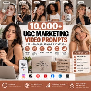 May include: A digital marketing resource titled 10,000+ UGC MARKETING VIDEO PROMPTS FOR CREATORS, BRANDS & STARTUPS. The graphic features six inset photos of individuals, icons for content types, social media logos, and text blocks detailing benefits.