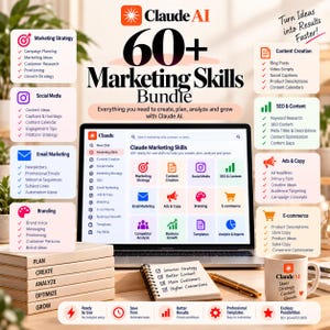 Peut inclure: Un ensemble de marketing numérique comprenant un ordinateur portable affichant une interface Claude AI, entouré de listes de compétences marketing, un carnet avec des notes manuscrites et une tasse étiquetée Claude AI, le tout posé sur une pile de livres marqués Plan, Create, Analyze, Optimize, Grow.