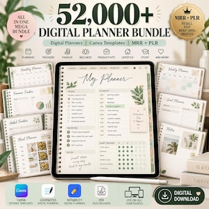 May include: A digital planner bundle featuring a tablet displaying a daily schedule page with the text My Planner, surrounded by various planner templates including monthly, finance, habit, and meal trackers, with icons for Canva, Goodnotes, Notability, and PDF.