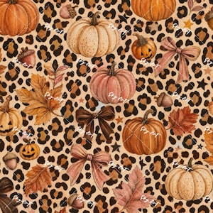 May include: A repeating pattern featuring watercolor illustrations of orange and cream pumpkins, brown acorns, autumn leaves, pink bows, and small stars set against a tan leopard print background with a watermark text overlay.