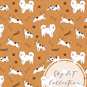 May include: A repeating pattern on a tan background featuring white fluffy dogs, brown and white spotted dogs, brown dog bones, dark brown paw prints, and the text woof. A circular overlay in the bottom right corner displays the text Sky Art Collective.