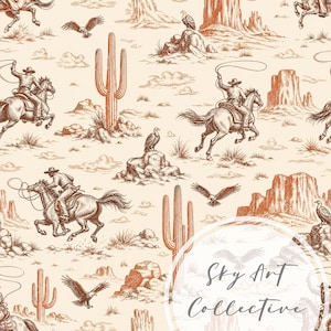 Pode incluir: Um padrão repetitivo com ilustrações na cor cobre de cowboys a cavalo com laços, cactos saguaro, abutres e formações rochosas do deserto num fundo creme. Um círculo branco contém o texto Sky Art Collective.
