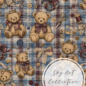 Peut inclure: Un motif de tissu représentant des ours en peluche marron portant des nœuds à carreaux et de petites couronnes, parsemé d'accessoires de couture comme des boutons, des ciseaux, un mètre ruban, des bobines de fil et des cadeaux sur un fond écossais bleu et beige.