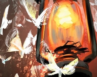 Moths & Lantern – Cottagecore Insect Art Print – Digital Illustration for Nature-Inspired Wall Decor