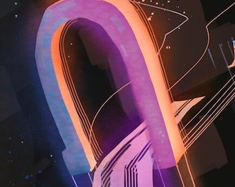 Vaporwave Electric Gate Art Print, Lofi Aesthetic Illustration