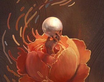Pearl of Wisdom | Surreal Art Digital Print | Crystal Ball Peonies | Magical Fantasy Illustration