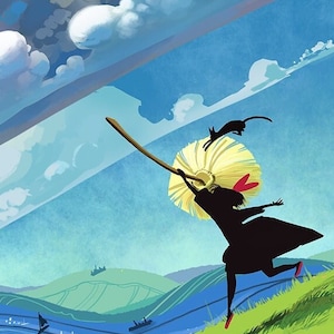 Kiki&#39;s Delivery Service Art Print – Studio Ghibli Inspired Wall Art, Whimsical Anime Decor, Witch on Broom Illustration, Ghibli Poster Gift