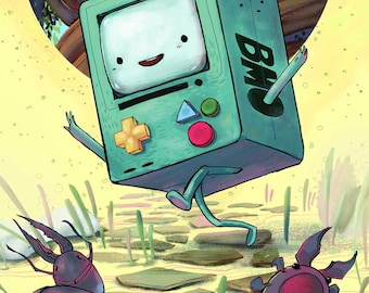 Impresión artística de BMO de Hora de Aventuras: póster de dibujos animados adorables. Ilustración digital de BMO para decoración de pared original o regalos de animación.