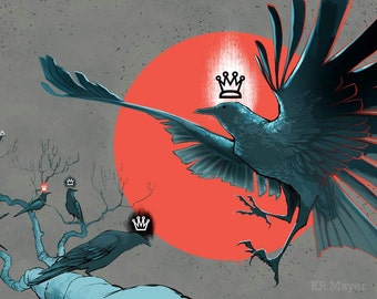 Puede incluir: Un cuervo azul con una corona sobre su cabeza vuela frente a un sol rojo. Otros cuervos están posados en una rama de árbol desnuda con coronas sobre sus cabezas.