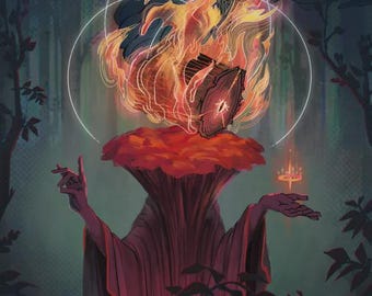 Puede incluir: Una ilustración digital de una figura con una túnica roja oscura y un cuello grande en forma de hongo rojo. Sobre la figura flota un tronco de madera en llamas con un ojo brillante en el centro, rodeado de fuego y líneas circulares blancas.