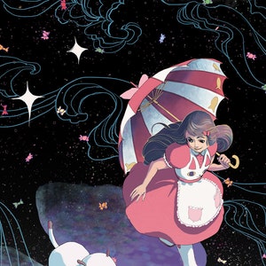 May include: A girl in a pink dress and white apron holds a striped umbrella with a gold handle. She is standing on a swirling, blue and purple background with white stars and pink butterflies. A white cat with black eyes walks beside her.