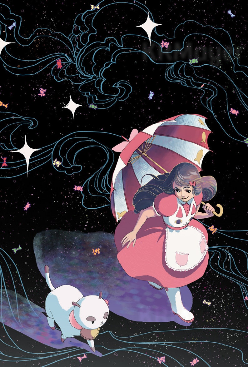 May include: A girl in a pink dress and white apron holds a striped umbrella with a gold handle. She is standing on a swirling, blue and purple background with white stars and pink butterflies. A white cat with black eyes walks beside her.