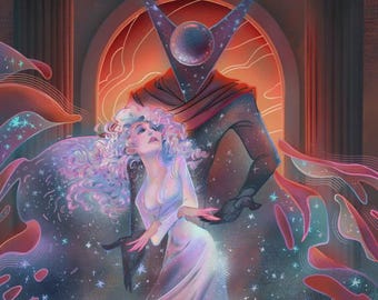 Puede incluir: Una ilustración digital que muestra una figura con una cabeza oscura en forma de V salpicada de estrellas y un cuerpo alto y esbelto detrás de una persona con cabello largo, ondulado y claro, que viste un vestido blanco fluido entre energía cósmica.