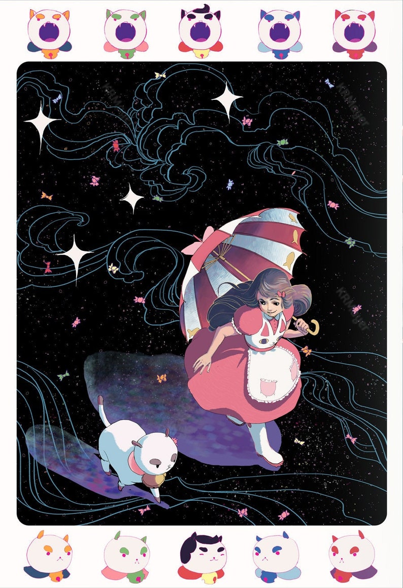 May include: A girl with long brown hair wearing a pink dress and white apron is holding a striped umbrella with a pink bow. She is walking on a blue and white cloud with a white cat with a pink bow. The background is a black starry sky with white stars and blue and white clouds. There are small colorful butterflies scattered throughout the image. The image is surrounded by a border of nine white circles with a cat face in each circle. The cat faces have different colored eyes and mouths.