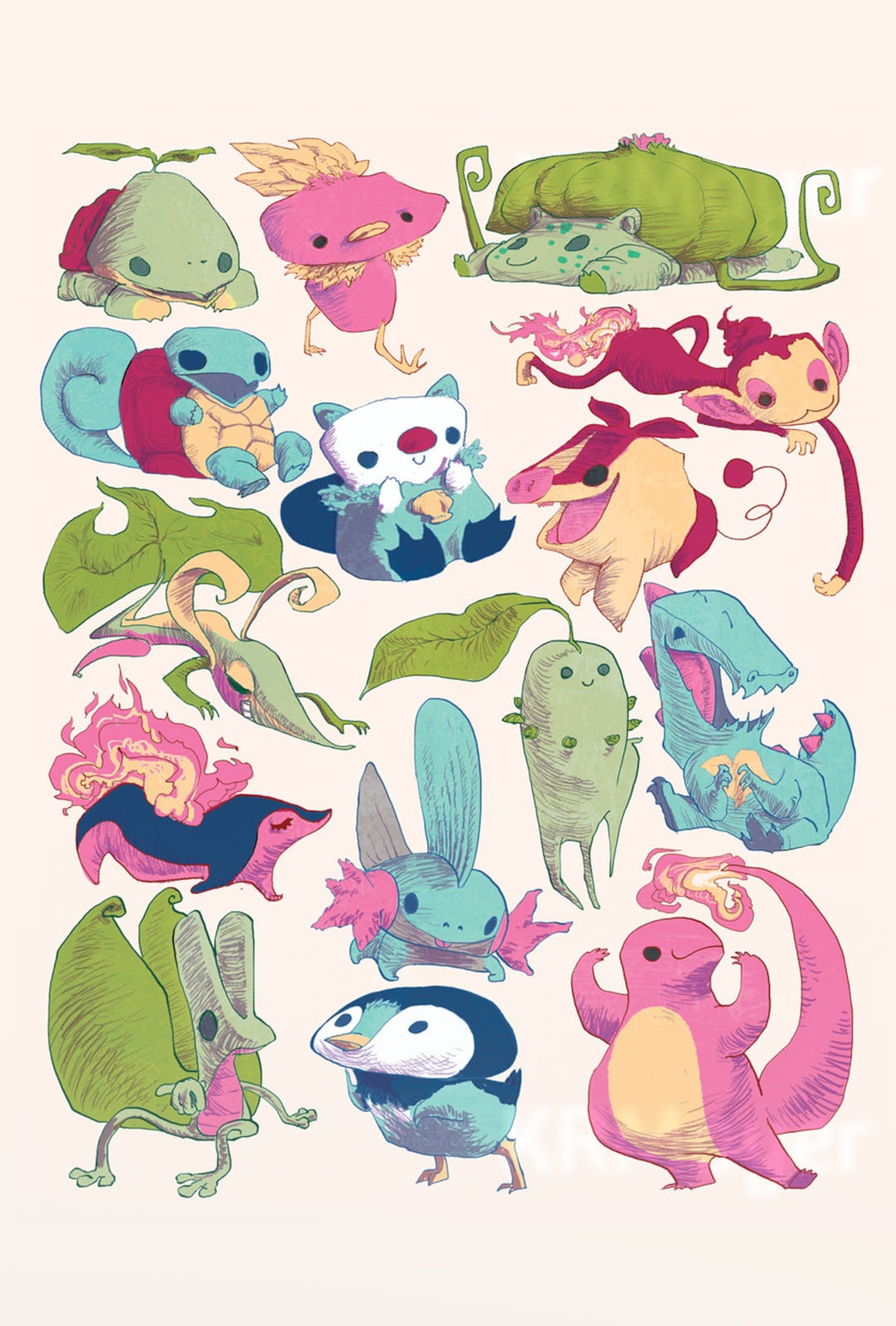 Pokemon Starters Evolution Art Print – Kanto & Johto, Gamer Wall Decor ...