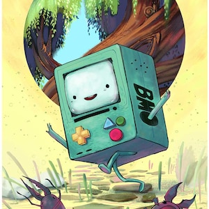 Impresión artística de BMO de Hora de Aventuras: póster de dibujos animados adorables. Ilustración digital de BMO para decoración de pared original o regalos de animación.