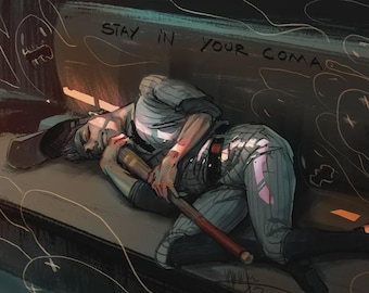 Puede incluir: Ilustración de una persona con uniforme de béisbol acostada, sosteniendo un bate. La imagen tiene una estética oscura y melancólica con las palabras "Stay in your coma" escritas en la pared. Figuras fantasmales flotan en el fondo.