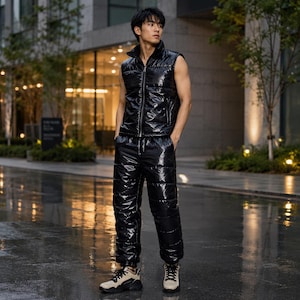 May include: A shiny black sleeveless puffer vest with a full-length front zipper and matching black puffer pants. The set features a quilted, high-gloss finish throughout, providing a coordinated look with a high collar on the vest.