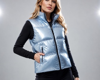 Doudoune sans manches bleu argenté métallisé, veste matelassée brillante