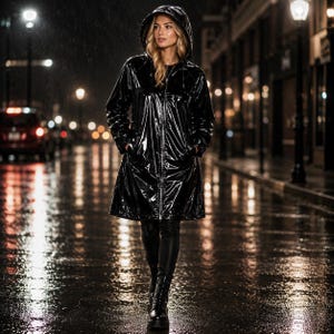 May include: A black, glossy, patent-finish raincoat featuring a full-length front zip, long sleeves, and an attached hood. The coat has a smooth, reflective surface and a straight hemline that falls to the mid-thigh, worn over black trousers.