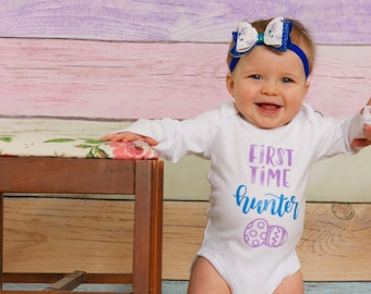 First Easter bodysuit for girls, purple and blue, Easter egg hunt outfit