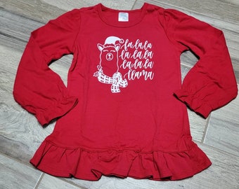 Red long sleeve ruffle fa la la llama Christmas shirt