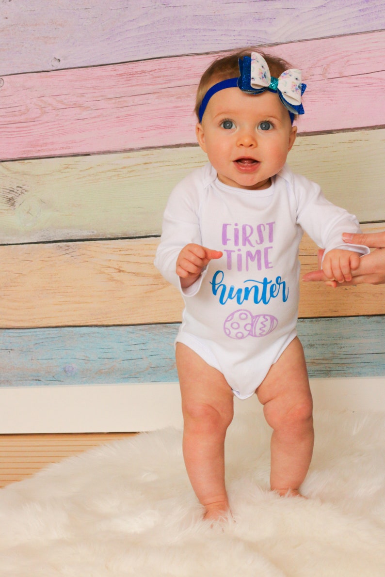 First Easter bodysuit for girls, purple and blue, Easter egg hunt outfit image 2