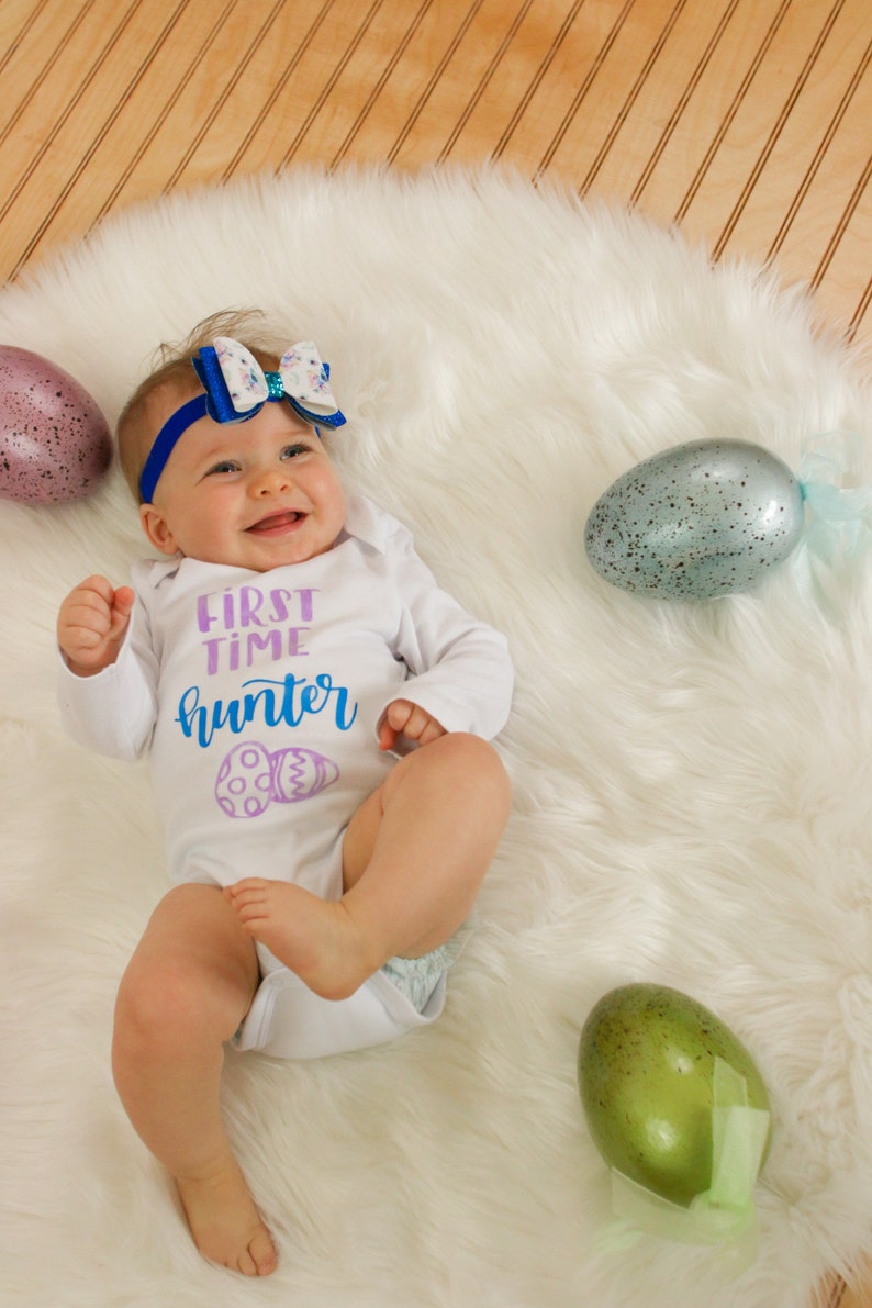 First Easter bodysuit for girls, purple and blue, Easter egg hunt outfit image 7