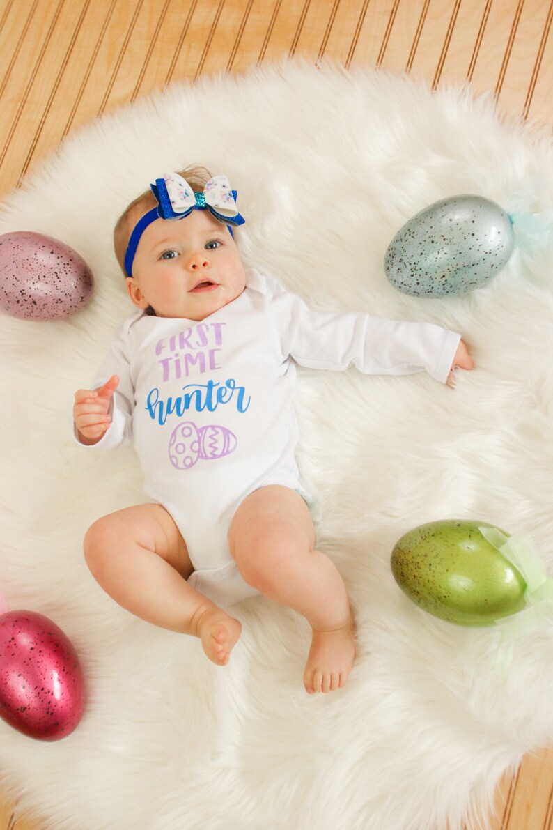 First Easter bodysuit for girls, purple and blue, Easter egg hunt outfit image 6