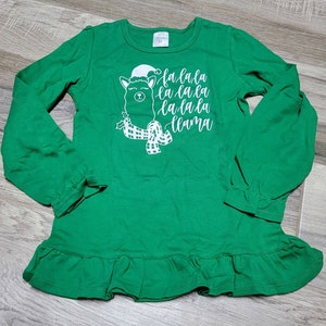 Green Fa La La Llama long sleeve Christmas shirt with ruffles