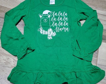 Green Fa La La Llama long sleeve Christmas shirt with ruffles