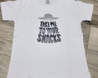 White shirt sleeve "take me to your snacks" tshirt - unisex