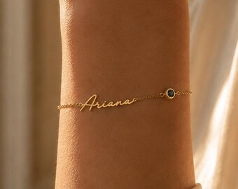 Personalized Name Bracelet with Birthstone, Custom Name Bracelet, Dainty Gold Bracelet, Birthstone Jewelry, Personalized Gift for Her