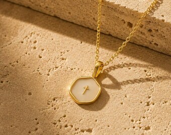 Gold Enamel Cross Necklace, Dainty Cross Pendant, Tiny Cross Necklace, Religious Jewelry, Christian Necklace, Christian Gift for Her