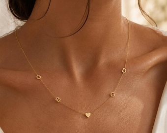 14K Gold Multiple Initial Necklace, Personalized Letter Necklace with Heart, Family Initial Necklace, Custom Mom Jewelry, Gift for Her