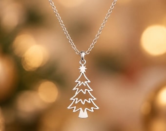 Christmas Tree Necklace, Dainty Star Tree Pendant, Minimalist Holiday Jewelry