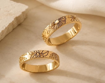 Birth Flower Ring: Personalized Engraved Floral Band in Gold or Sterling Silver
