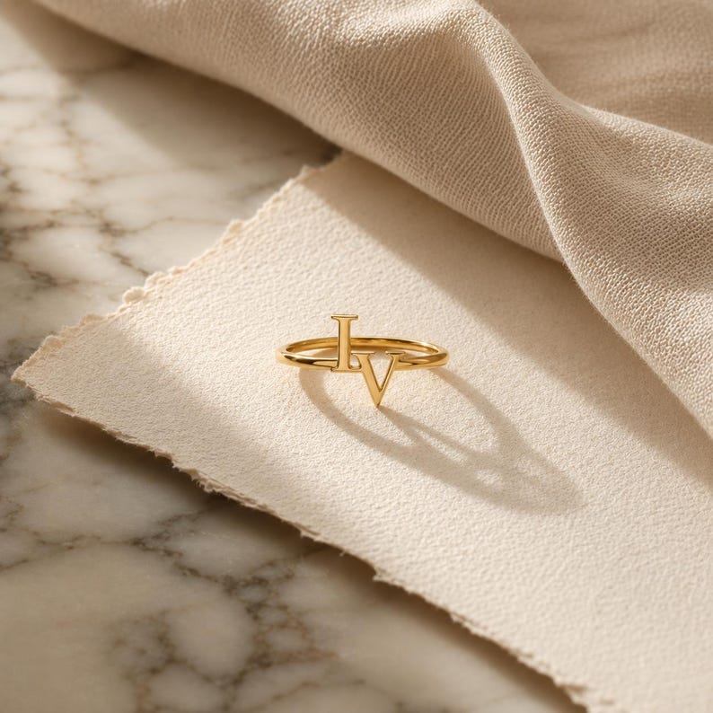 Personalized intertwined initial ring with two meaningful letters, romantic anniversary gift for wife, girlfriend or someone special.