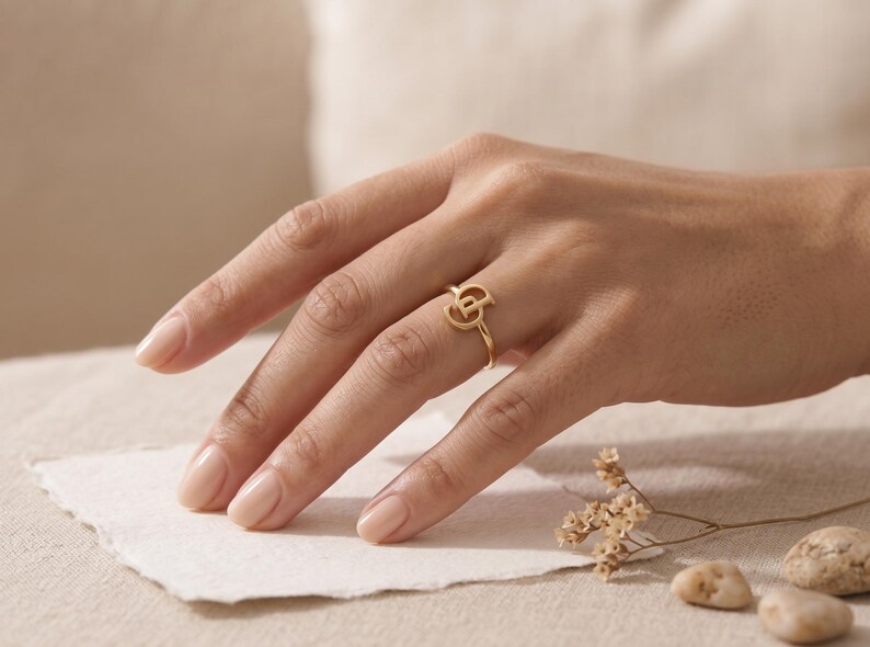 Personalized double initial gold ring with two custom letters, unique birthday gift for her and timeless personalized jewelry.