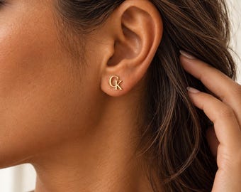 Personalized Double Initial Earrings, Two Letter Stud Earrings, Interlocking Monogram Gift for Her