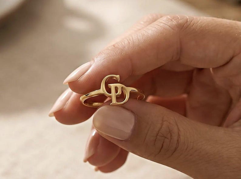 Custom two letter gold ring with intertwined initials, thoughtful personalized Christmas gift for her, wife, girlfriend or partner.
