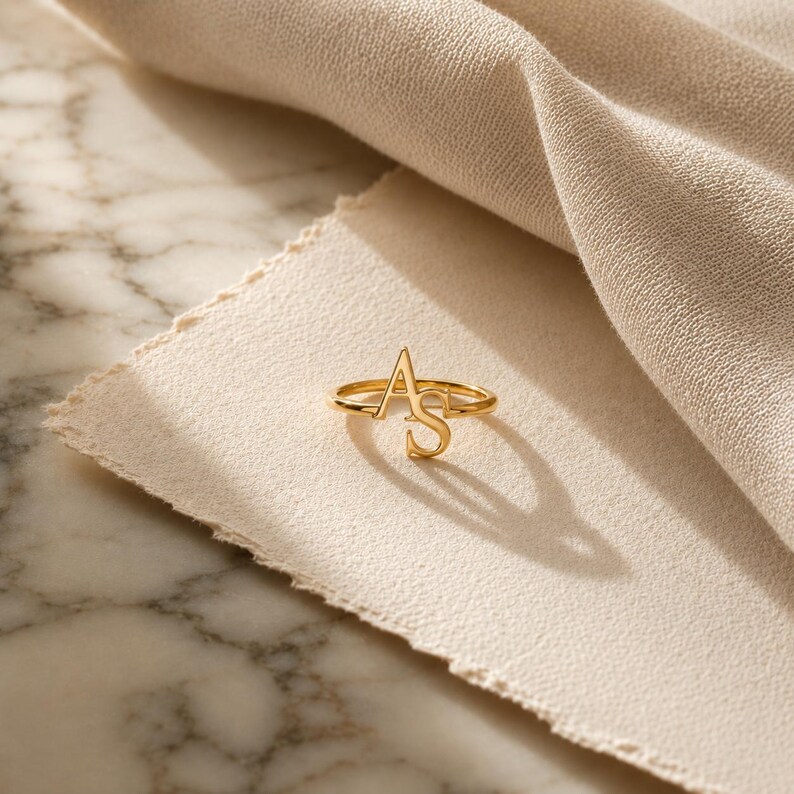 Personalized intertwined initial ring with two meaningful letters, romantic anniversary gift for wife, girlfriend or someone special.