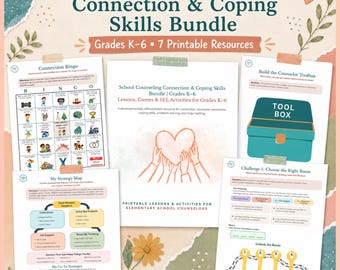 Puede incluir: Un paquete de recursos imprimibles titulado School Counseling Connection & Coping Skills Bundle para los grados K-6. Incluye siete hojas de trabajo como Connection Bingo, My Strategy Map, Build the Counselor Toolbox y Challenge 1: Choose the Right Route, con ilustraciones de un corazón, una caja de herramientas y llaves.