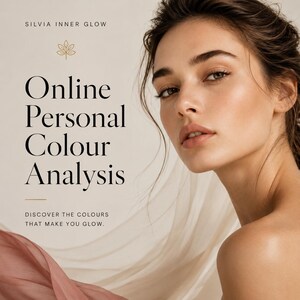 May include: A promotional graphic for Silvia Inner Glow featuring the text Online Personal Colour Analysis and Discover the colours that make you glow. The image shows a person with dark hair and natural makeup against a neutral background.